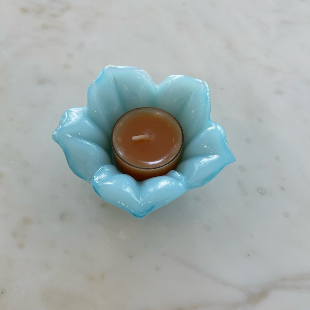 GLASS BLUE VOTIVE AND CANDLE